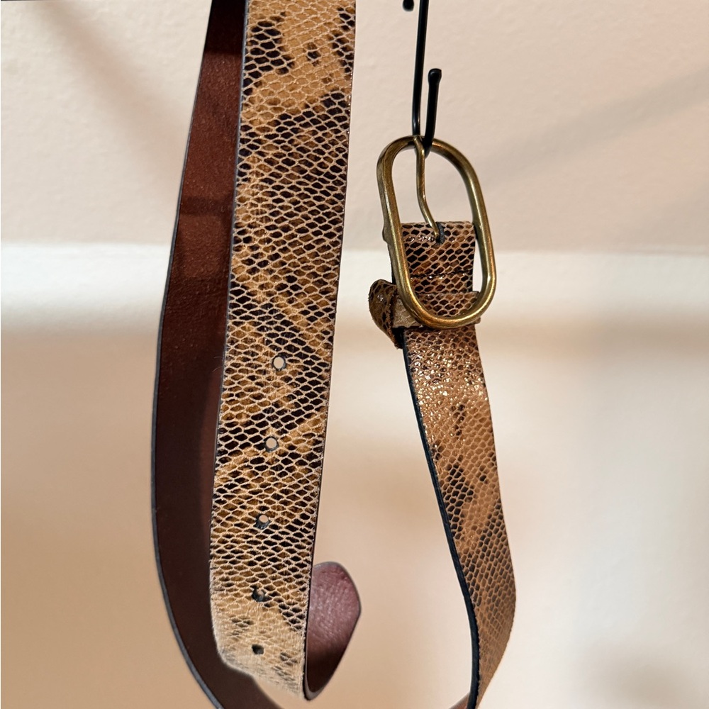 Leather Snake Print Belt with Gold Buckle